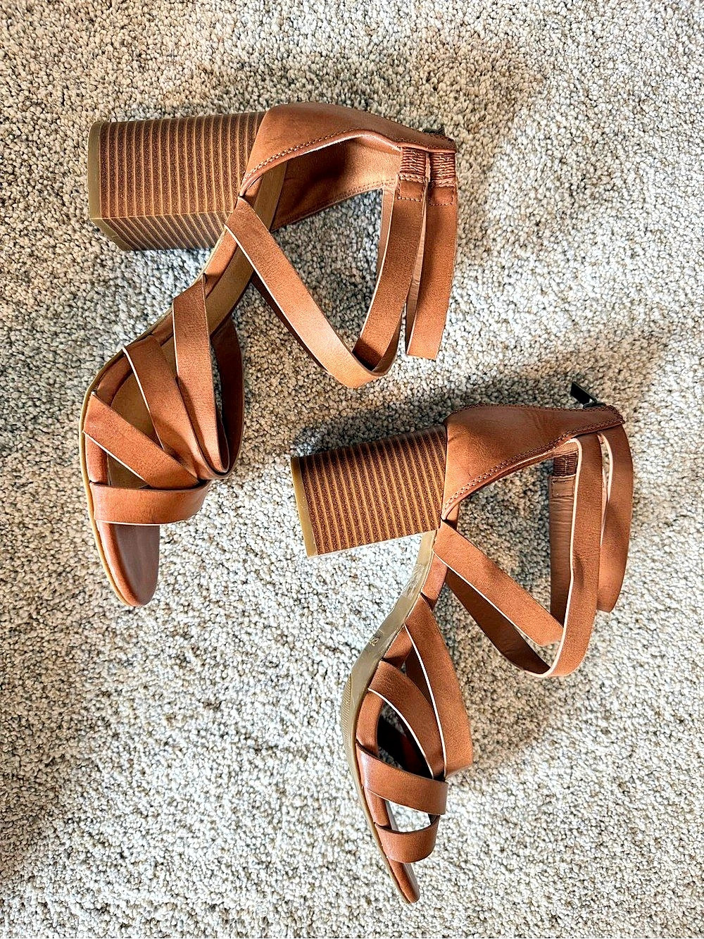 Bamboo Strappy Block Heel Sandals Cognac Brown US Size 9